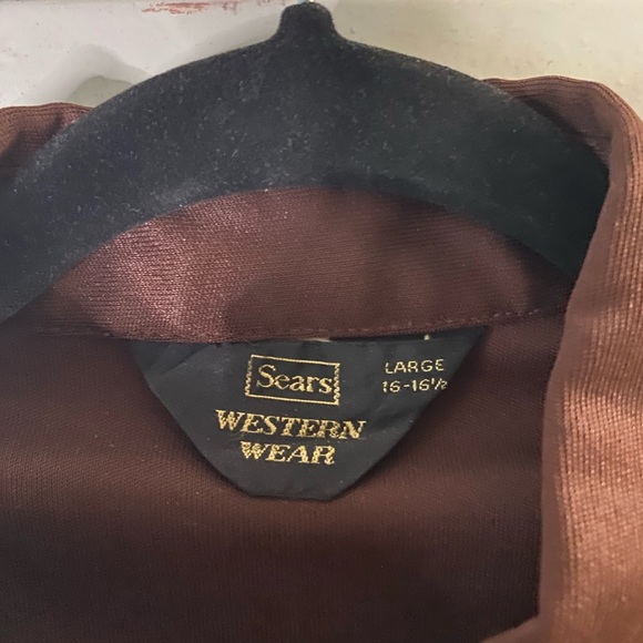 SEARS & ROBUCK Vntg Poly 70s Western Pearl Button Shirt Sz. Large 16-16.5 Brown - Picture 3 of 8